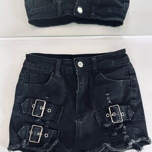 Distressed Black Denim Shorts with Buckle Details